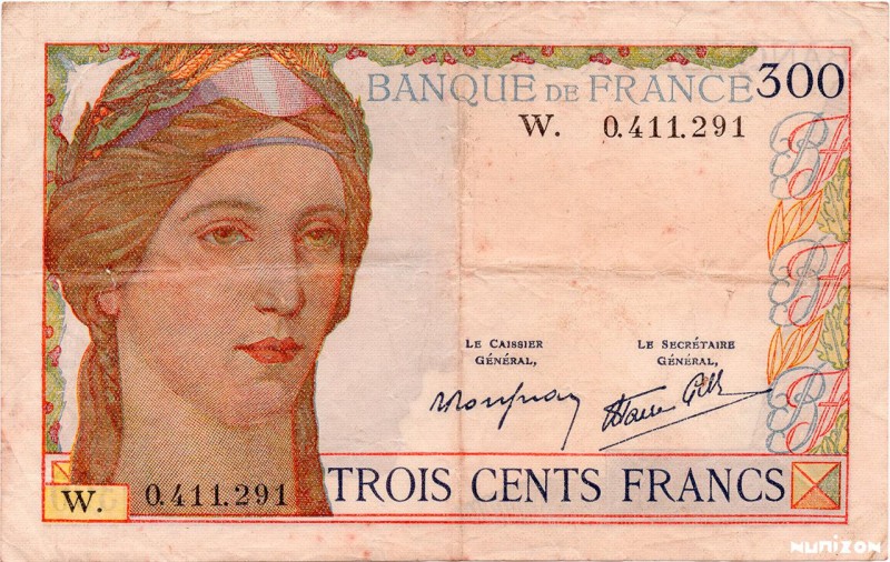 France, 300 francs Type 1938 Cérès, P.87b, F.29.02, W.0.411.291, 1938, Billet no...