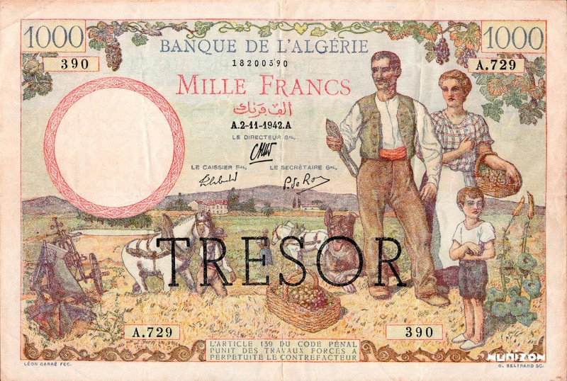 France, 1000 francs Algérie surchargé "Trésor" Type 1943, P.112b, VF.10.02, A.72...