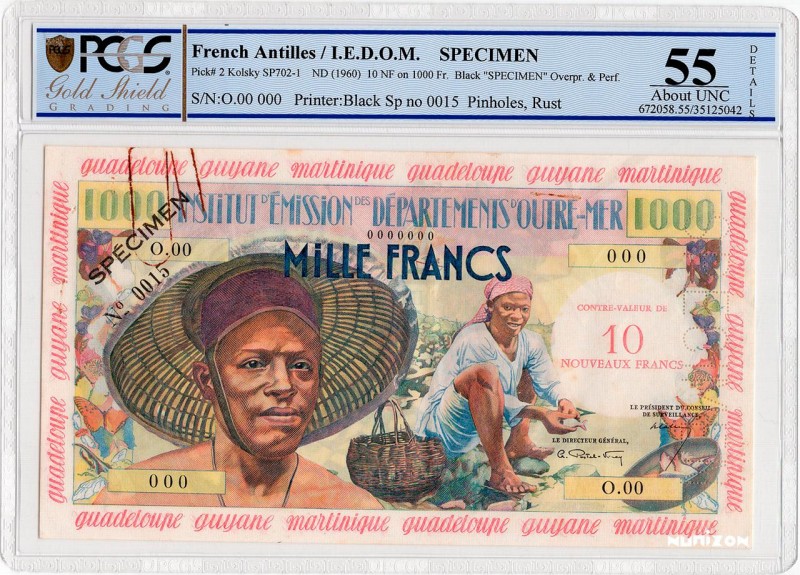 French Antilles, 10 NF/1000 francs Pêcheur Type 1955, P.2, #K-SP702-1, B102, 000...