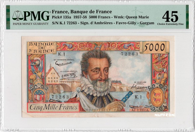 France, 5000 francs Type 1957 Henri IV, P.135, F.49.01, K.1 72263, 07-02-1957, P...