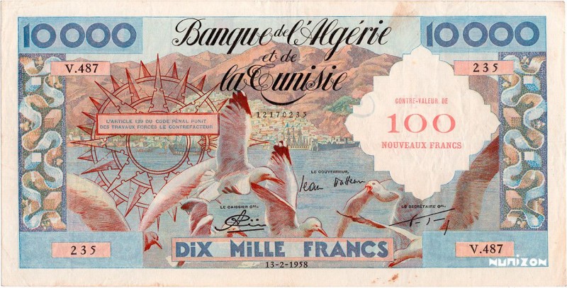 Algeria, 100 NF/10000 francs Mouettes Type 1959, P.114, B209a, V.487 235, 13-2-1...