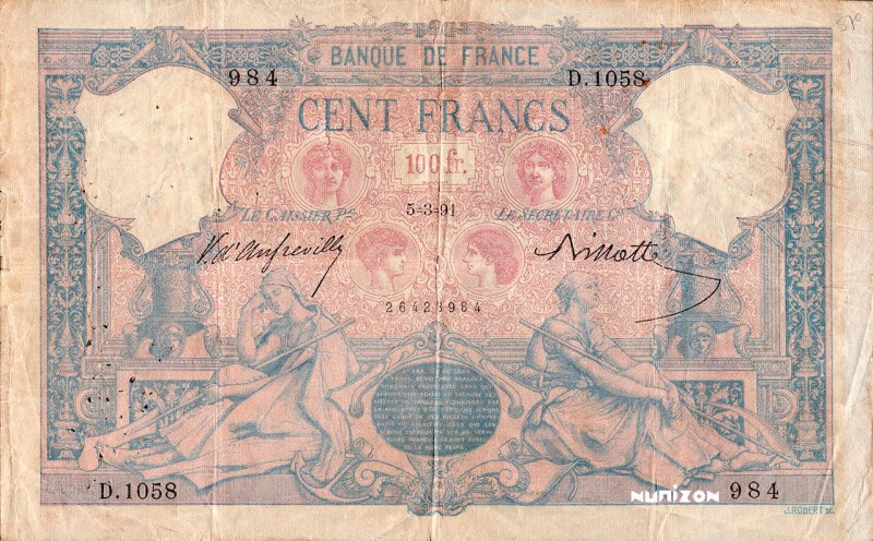 France, 100 francs Type 1888 Bleu et rose, P.65b, F.21.04, D.1058 984, 5-3-91, A...