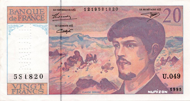 France, 20 francs Type 1980 Debussy, P.151h, F.66ter.01, U.049 581820, 1995, Per...