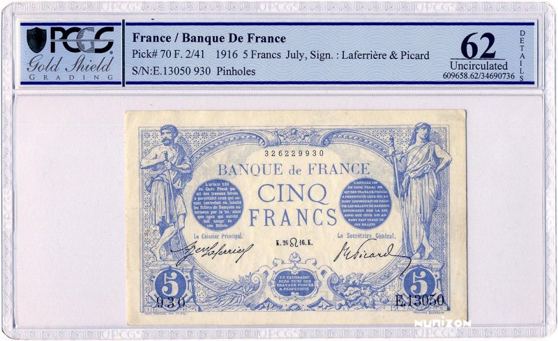 France, 5 francs Type 1905 Bleu , P.70, F.02.41, E.13050 930, 26-07-1916, 22 exs...
