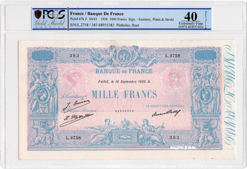 France, 1000 francs Type 1889 Bleu et rose, P.67k, F.36.43, L.2758 383, 16-09-19...
