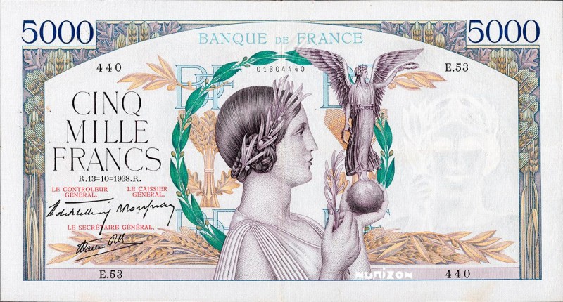 France, 5000 francs Type 1934 Victoire, P.91, F.45.01, E.53 440, 13-10-1938, 257...