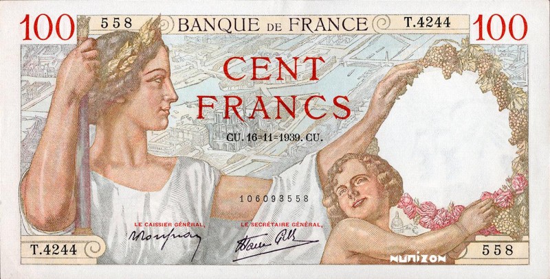 France, 100 francs Type 1939 Sully, P.94, F.26.15, T.4244 558, 16-11-1939, Date ...