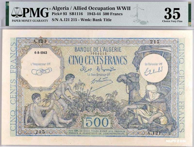 Algeria, 500 francs Vert Type 1943, P.93, #MK36, #B136a, A.121 215, 6-8-1943, Bi...