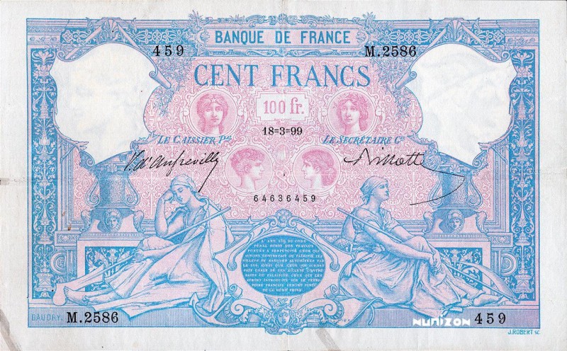 France, 100 francs Type 1888 Bleu et rose, P.65b, F.21.12, M.2586 459, 18-3-99, ...
