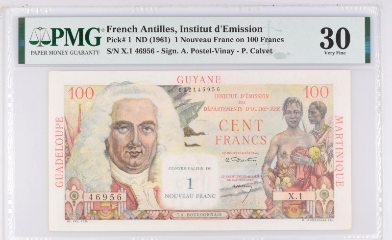 French Antilles, 1 NF/100 francs La Bourdonnais Type 1960, P.1, K701, B101, X.1 ...