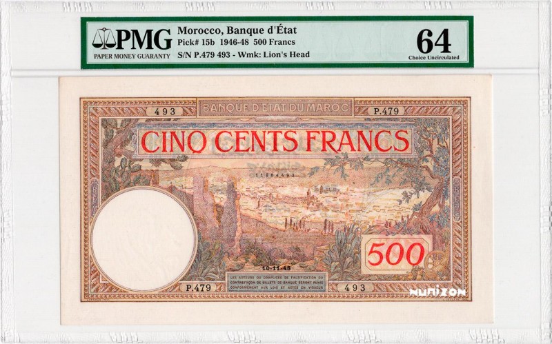 Morocco, 500 francs Type 1923, P.15b, #B215f, P.479 493, 10-11-48, Billet sans l...