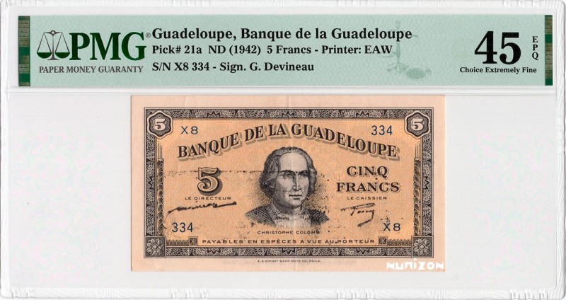 Guadeloupe, 5 francs Type 1942 (US), P.21a, #K115a, #B322a, X8 334, 1942,
