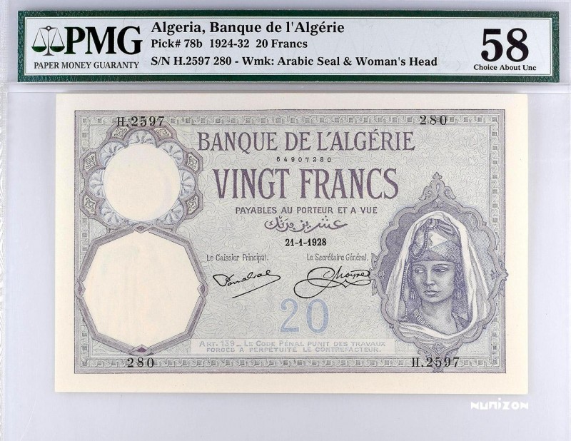 Algeria, 20 francs Type 1912, P.78b, #MK9b, #B124b, H.2597 280, 1928, Signatures...