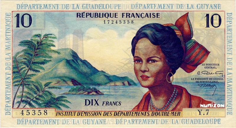 French Antilles, 10 francs Type 1964, P.8b, #K708, B108, Y.7 45358, ND (1964), N...