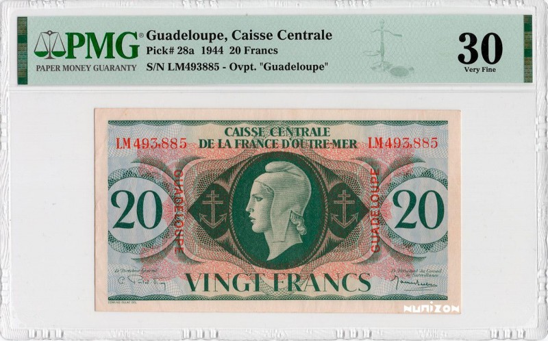 Guadeloupe, 20 francs Type 1943 (GB), P.28a, #K125, #B402a, LM493.885 , 1943,