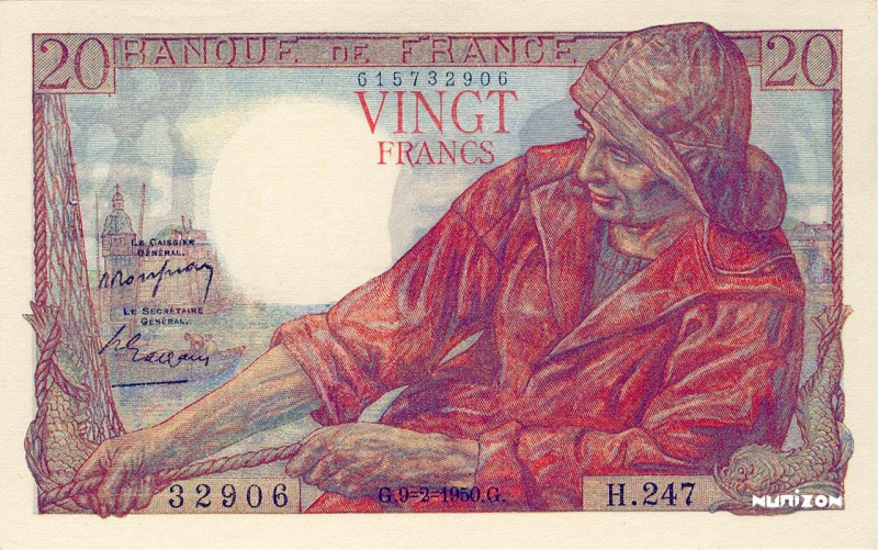 France, 20 francs Type 1942 Pêcheur, P.100b, F.13.17a, H.247 32906, 09-02-1950, ...