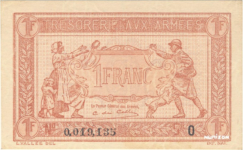 France, 1 franc Trésorerie aux armées Type 1919, P.M5, #VF.04.02, O 0,019,135, 1...