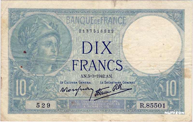 France, 10 francs Type 1915 Minerve, P.84, F.07.31, R.85501 103, 5-3-1942, Rare....