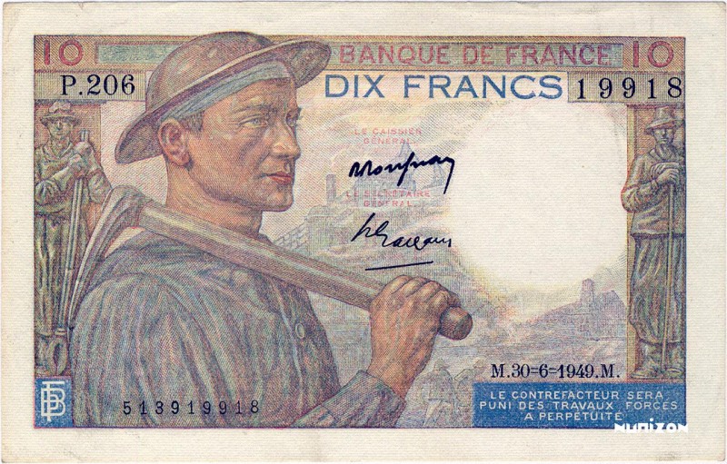 France, 10 francs Type 1941 Mineur, P.99f, F.08.22a, P.206 19918, 30-6-1949, Der...