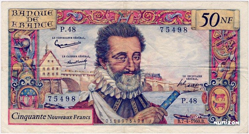 France, 50 nouveaux francs Type 1959 Henri IV, P.143, F.58.05, P.48 75498, 7-4-1...