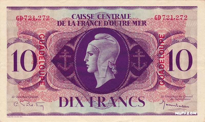 Guadeloupe, 10 francs Type 1943 (GB), P.27, #K124, B401, GD 721,272, ND (1944), ...