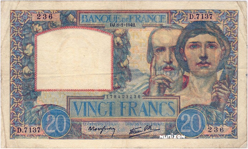 France, 20 francs Type 1940 Travail et Science, P.92, F.12.21, D.7137 236, 8-1-1...