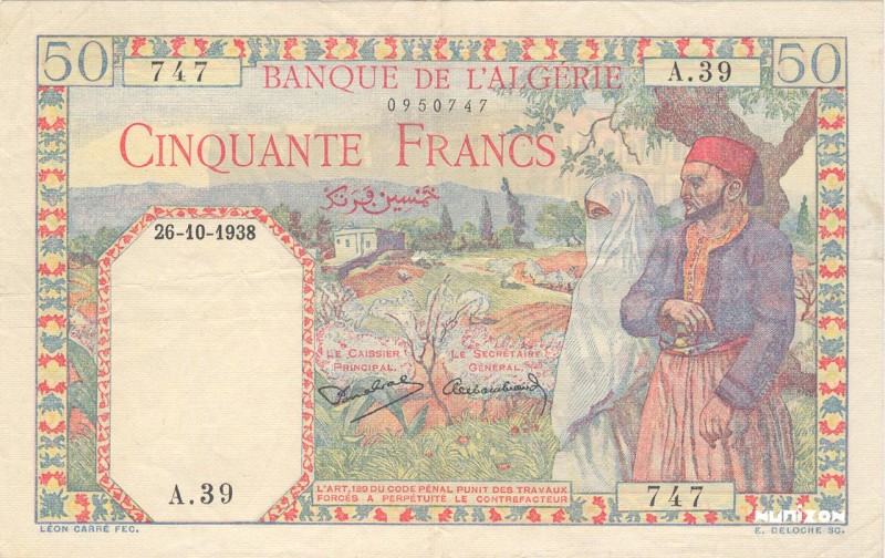 Algeria, 50 francs Type 1938 Filigrane « tête », P.84, #MK19, B130, A.39 747, 26...