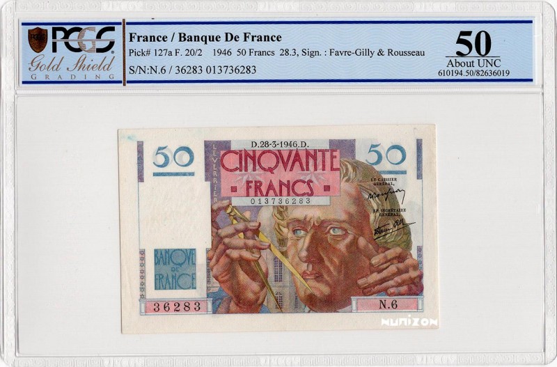France, 50 francs Type 1946 Le Verrier, P.127a, F.20.02, N.6 36283, 28-3-1946, P...