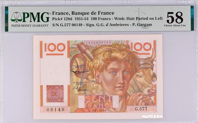 France, 100 francs Type 1945 Jeune paysan, P.128d, F.28.41, G.577 08149, 7-1-195...