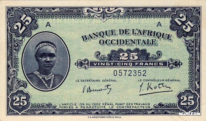 French West Africa, 25 francs Type 1942, P.30, #LK175, #B117a, A0572352, 14-12-1...