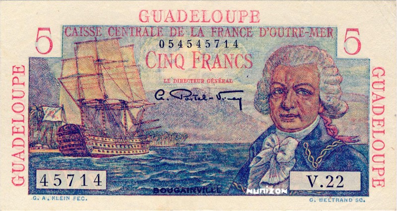 Guadeloupe, 5 francs Bougainville Type 1946, P.31, #K129, #B405, V.22 45714, ND ...