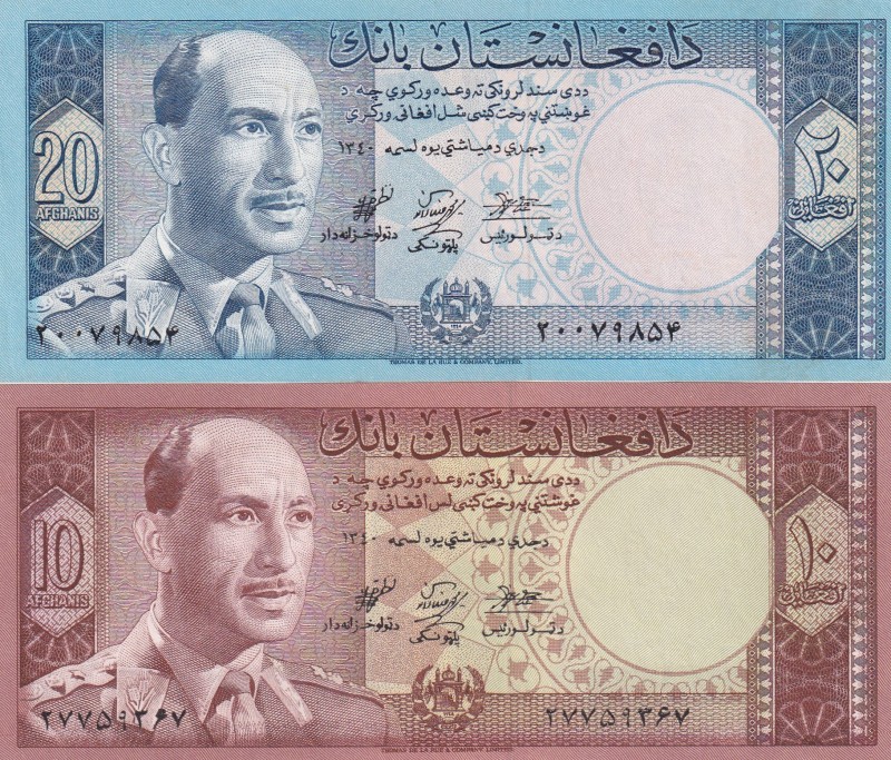 Afghanistan, 10-20 Afghanis, 1961, UNC, p37; p38, (Total 2 banknotes)
20 Afghan...