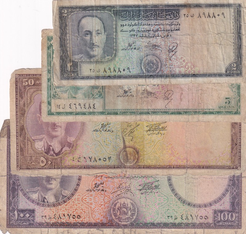 Afghanistan, 2-5-10-50-100 Afghanis, 1948/1957, POOR, (Total 4 banknotes)
2 Afg...