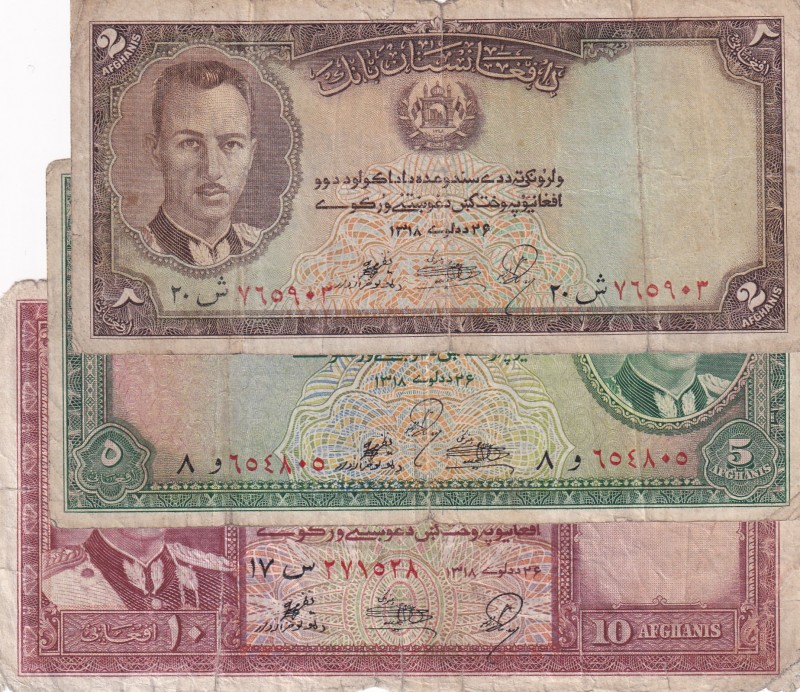 Afghanistan, 2-5-10 Afghanis, 1939, p21; p22; p23, (Total 3 banknotes)
2-5 Afgh...