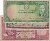 Afghanistan, 2-5-10 Afghanis, 1939, p21; p22; p23, (Total 3 banknotes)
2-5 Afghanis, FINE-FINE(-); 10 Afghanis, POOR There are stains, wear, tape, te...