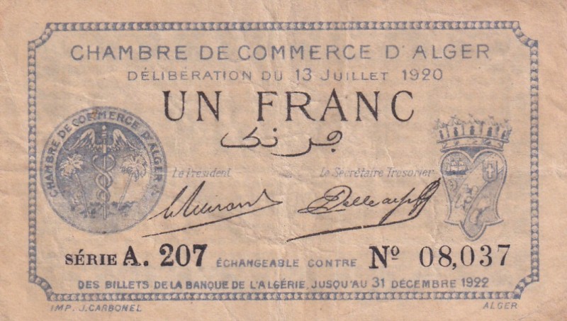 Algeria, 1 Francs, 1920, VF,
Estimate: USD 25-50