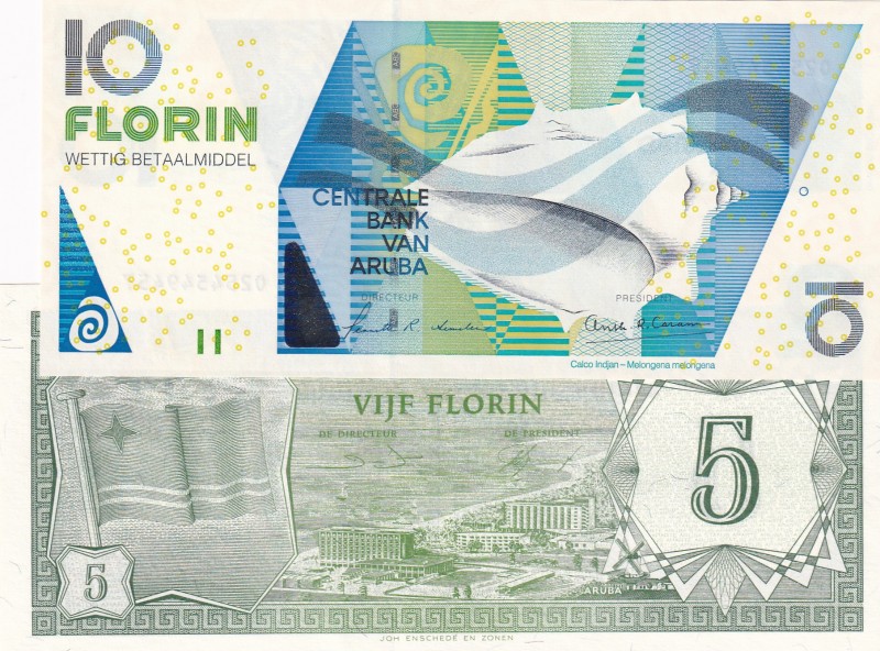Aruba, 5-10 Florin, 1986/2003, UNC, p1; p16a, (Total 2 banknotes)
5 Fluorin has...
