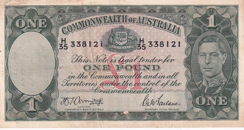 Australia, 1 Pound, 1942, XF, p26b
There are stains on the front and back.
Est...