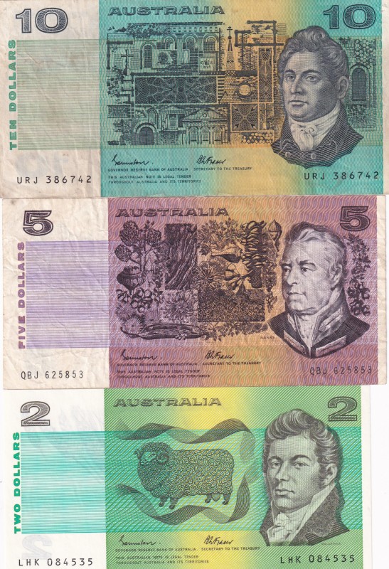 Australia, 2-5-10 Dollars, 1985, (Total 3 banknotes)
2 Dollars, UNC, p43e; 5 Do...
