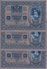 Austria, 1.000 Kronen, 1902-1919, UNC, p59, (Total 3 consecutive banknotes)
Estimate: USD 50-100