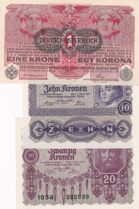 Austria, 1-10-20 Kronen, 1919/1922, UNC, p49; p75; p76, (Total 3 banknotes)
Est...