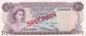 Bahamas, 1/2 Dollar, 1968, UNC, p26s, SPECIMEN
Queen Elizabeth II. Potrait
Estimate: USD 50-100