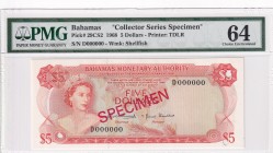 Bahamas, 5 Dollars, 1968, UNC, p29CS2, SPECIMEN
PMG 64
Estimate: USD 225-450
