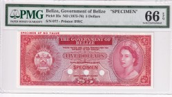 Belize, 5 Dollars, 1975/1976, UNC, p35s, SPECIMEN
PMG 66 EPQ, Queen Elizabeth II. Potrait
Estimate: USD 400-800