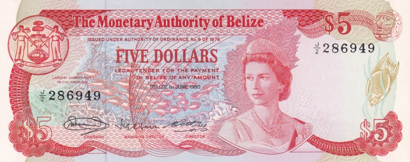Belize, 5 Dollars, 1980, UNC, p39a
Queen Elizabeth II. Potrait
Estimate: USD 1...