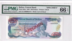 Belize, 100 Dollars, 1983, UNC, p50as, SPECIMEN
PMG 66 EPQ, Queen Elizabeth II. Potrait
Estimate: USD 500-1000