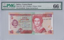 Belize, 5 Dollars, 2011, UNC, p67e
PMG 66 EPQ, Queen Elizabeth II. Potrait
Estimate: USD 40-80