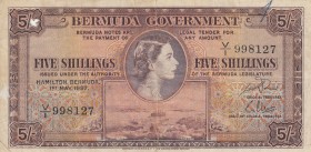 Bermuda, 5 Shilings, 1957, FINE, p18b
There is a large tear in the middle lower part and a large detachment at the top left
Estimate: USD 15-30