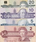 Canada, 2-5-10-20 Dollars, 1986/1991, p94; p95; p96; p97, (Total 4 banknotes)
2-5 Dollars, VF, there's a tear in the curb; 10 Dollars, XF; 20 Dollars...