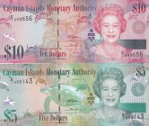 Cayman Islands, 5-10 Dollars, 2010, UNC, p39; p40, (Total 2 banknotes)
Queen Elizabeth II. Potrait, High serial numbers
Estimate: USD 30-60
